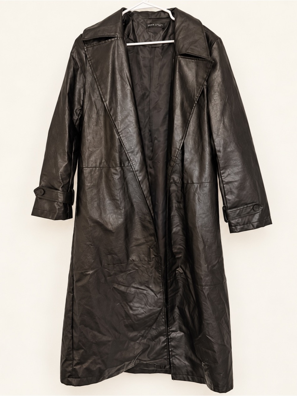 SHEIN Black Faux Leather Long Trench Coat